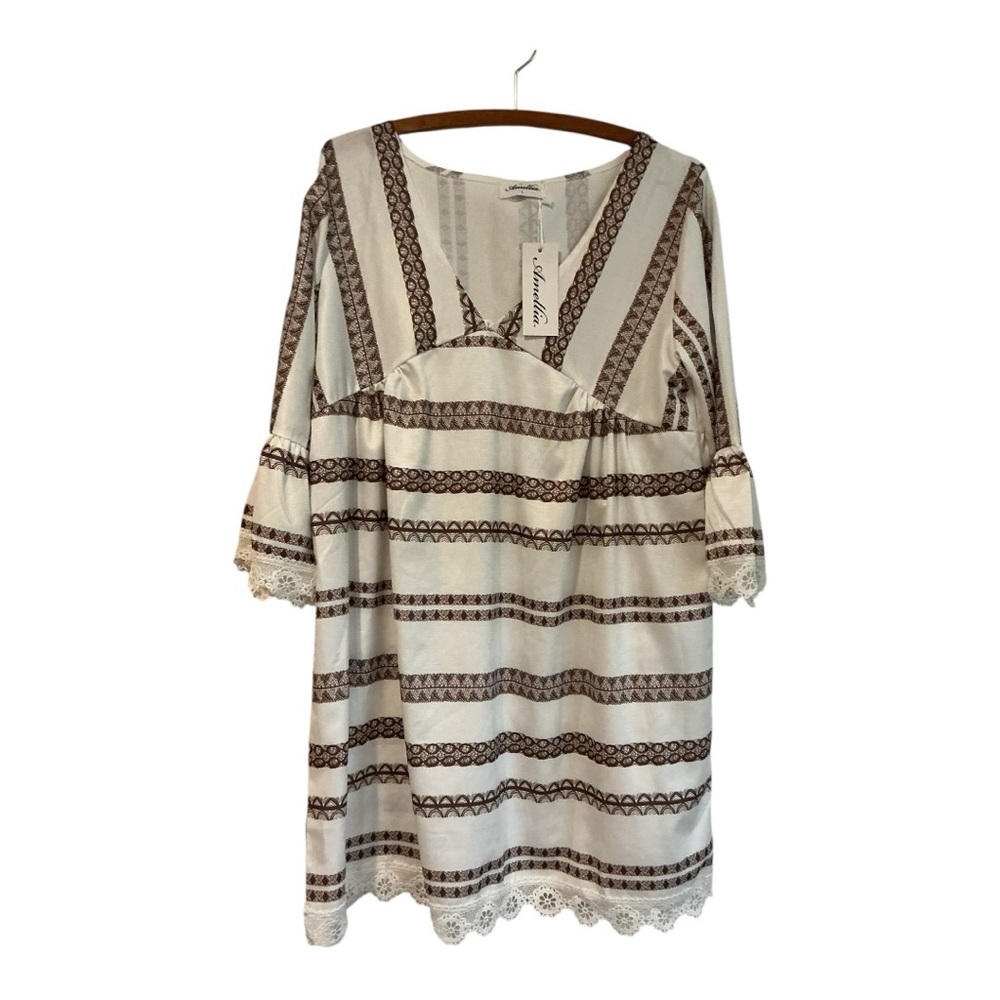 Amellia Women’s Boho Midi Dress Embroidered White Brown Size Large - Picture 2 of 8